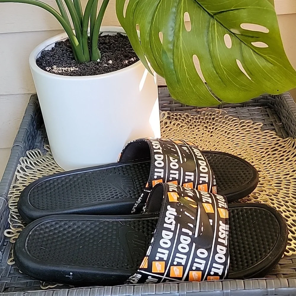 Nike Mens Benassi Just Do It Slide Flat Sandals Black White Orange Size 13